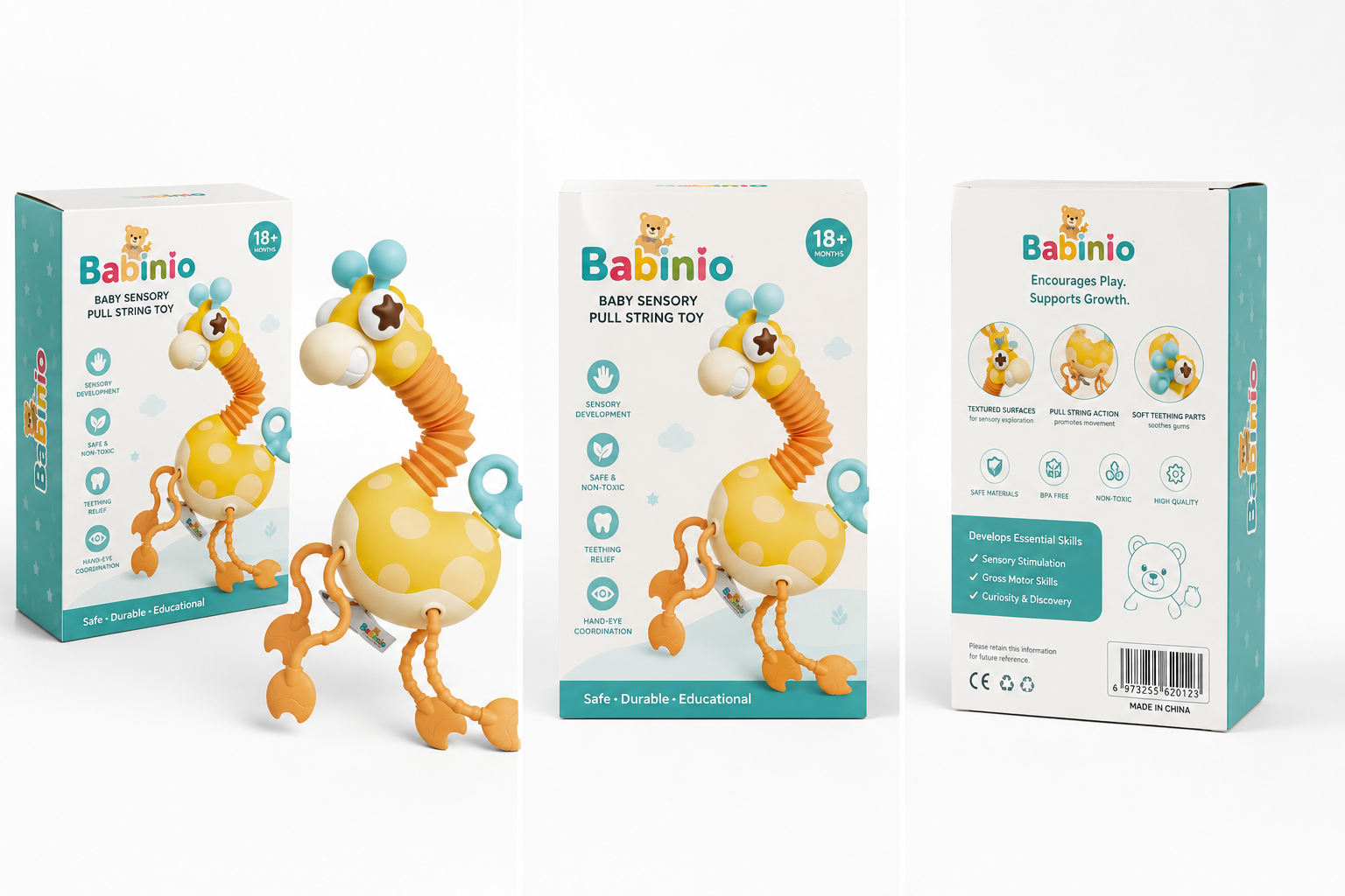 Babinio Baby Sensory Pull String Giraffe Toy - Teething & Development Toy for Toddlers 18+ Months