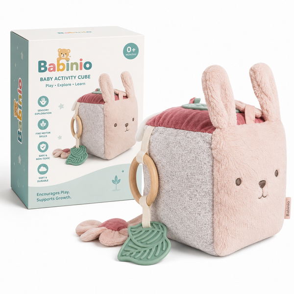 Babinio Baby Activity Cube - Plush Bunny Sensory Toy with Teether for Newborns 0+ Months