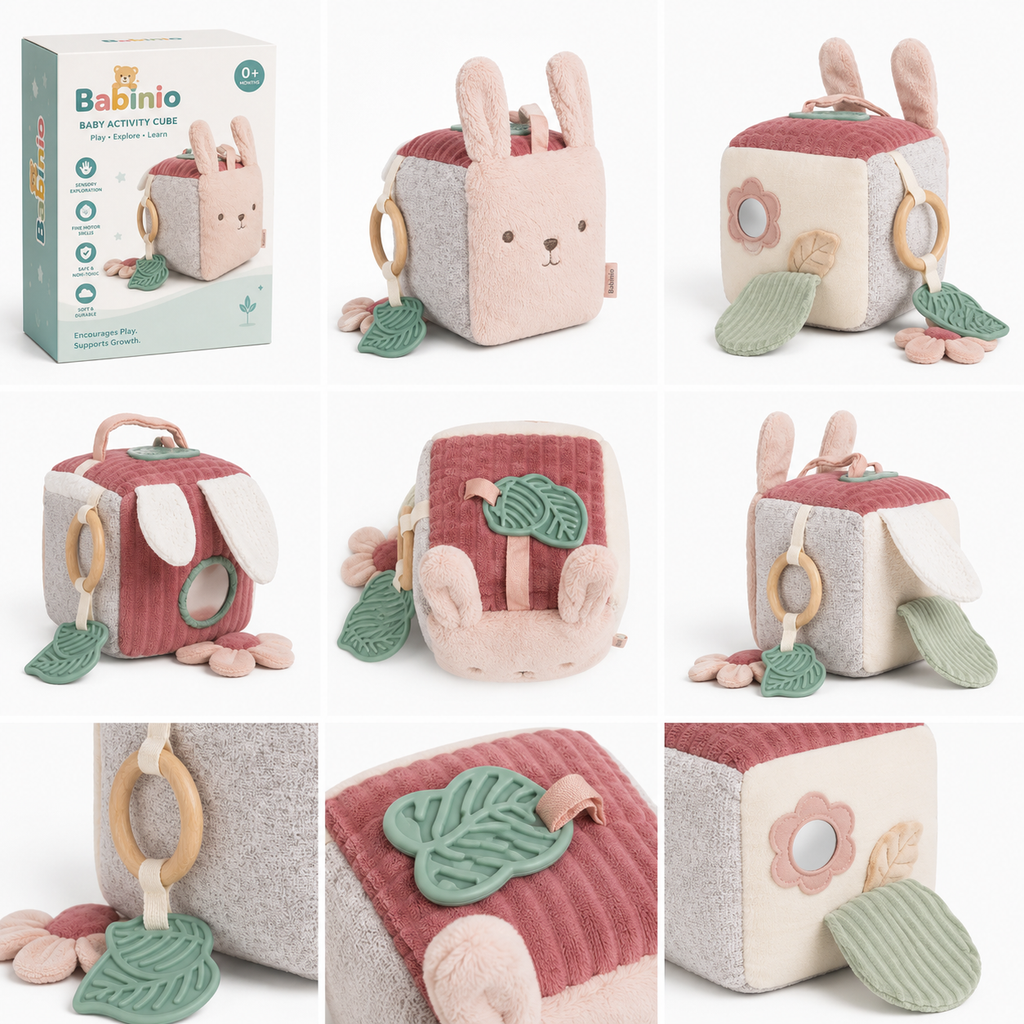 Babinio Baby Activity Cube - Plush Bunny Sensory Toy with Teether for Newborns 0+ Months