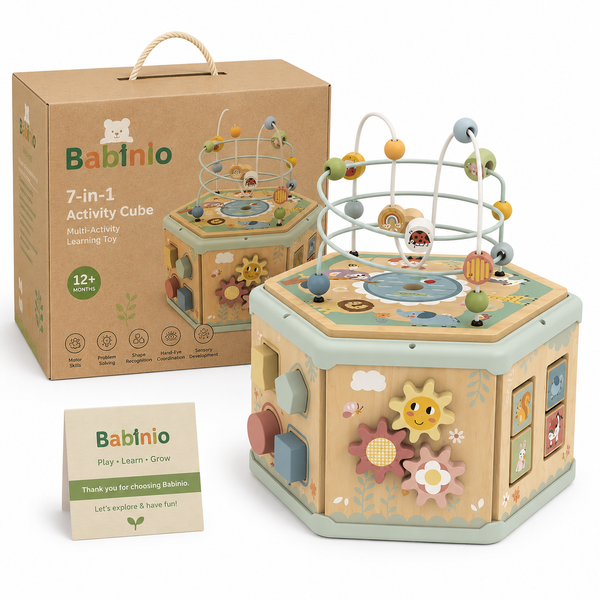 Babinio 7-in-1 Activity Cube - Wooden Multi-Activity Learning Toy for Babies 12+ Months