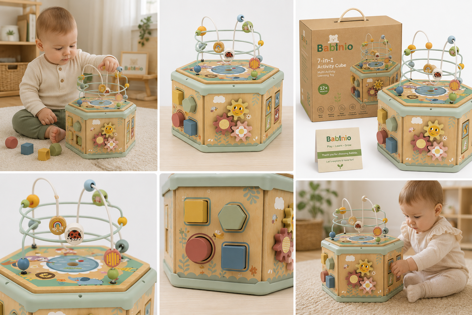 Babinio 7-in-1 Activity Cube - Wooden Multi-Activity Learning Toy for Babies 12+ Months