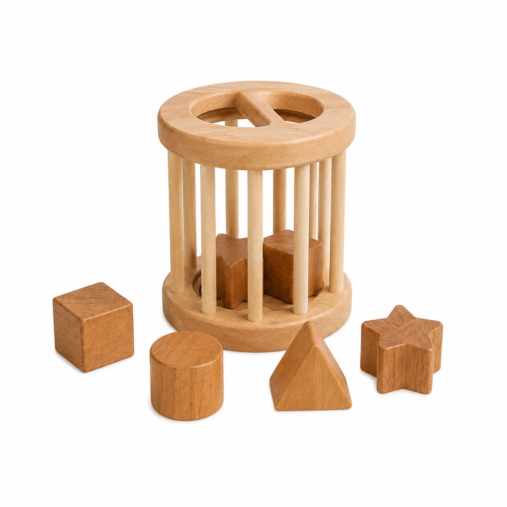 Babinio Wooden Shape Sorter Toy - Natural Beech Sorting Cylinder for Babies 12+ Months
