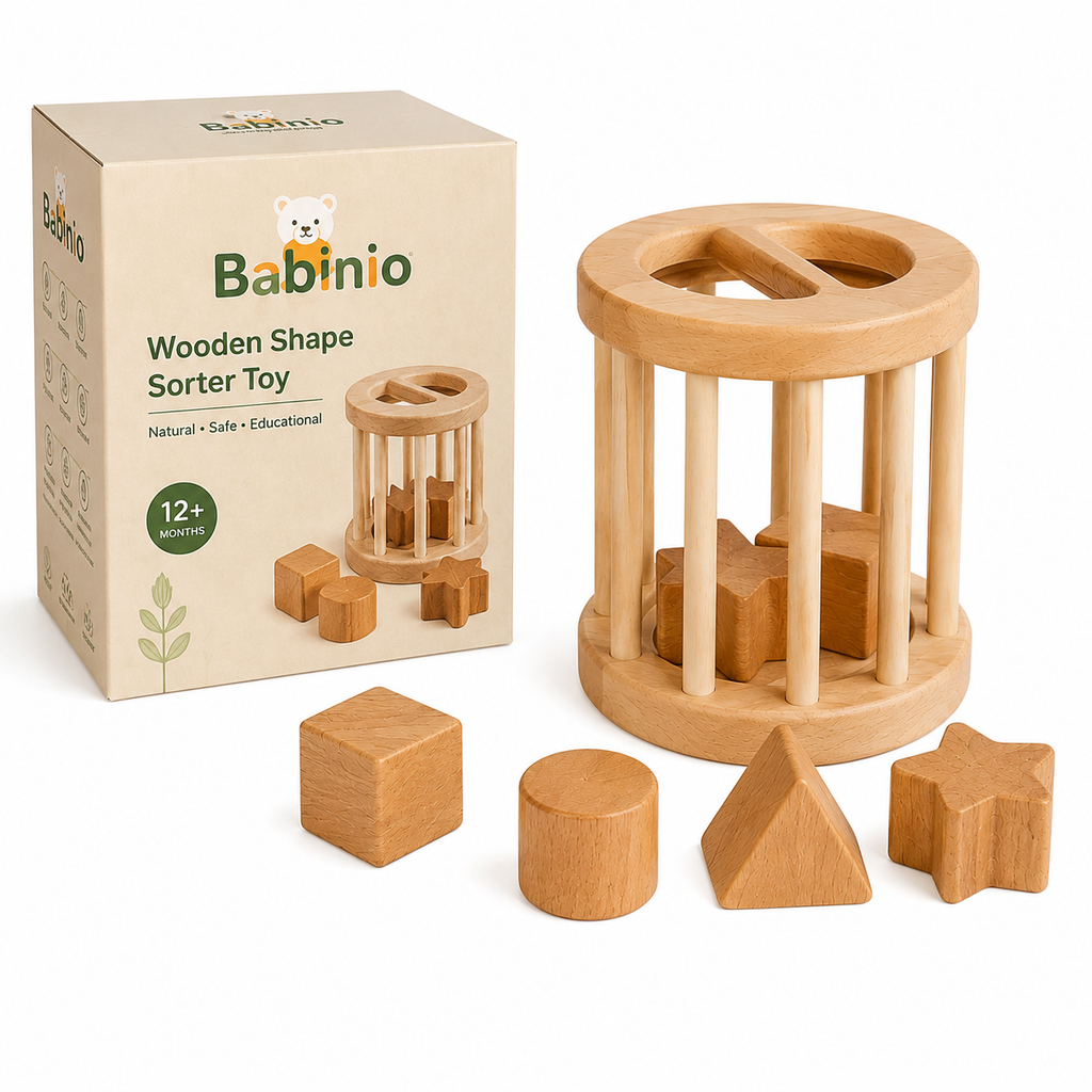 Babinio Wooden Shape Sorter Toy - Natural Beech Sorting Cylinder for Babies 12+ Months