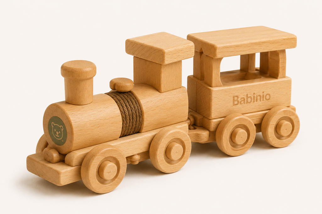 Babinio Wooden Train Toy - Natural Beech Engine & Carriage for Toddlers 12+ Months